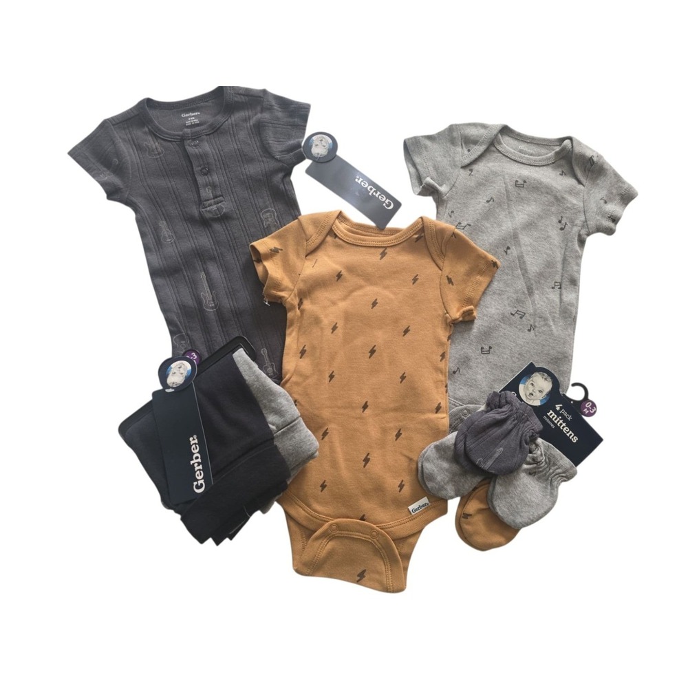 New Gerber 0-3m Music BAND Outfit Set Mittens Pants Bodysuits